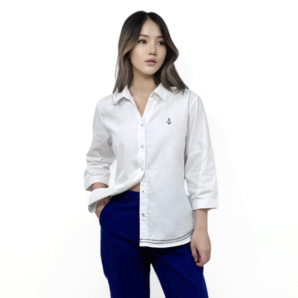 ** Best Price ** PORTLAND เสื้อเชิ้ตคอปก แต่งปลายเสื้อ แขน 3 ส่วน สีขาว / 3/4 Sleeves Shirt With Embroidery (White)