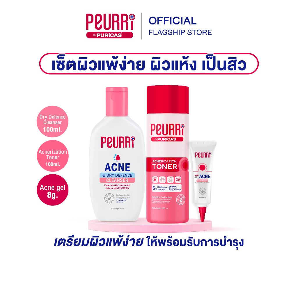 [เซ็ตผิวแพ้ง่าย ผิวแห้ง เป็นสิว] Dry Defence Cleanser 100ml.+Acnerization Toner 100ml.+Acne Gel 8g.