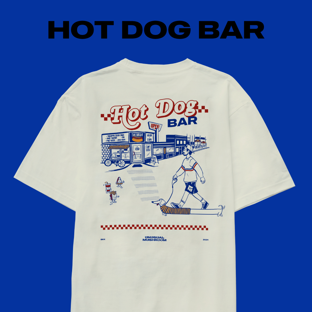 UNUSUAL MUSHROOM HOT DOG BAR เสื้อยืดลายกราฟฟิค