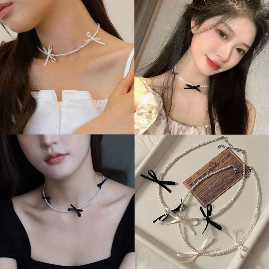 ส่งด่วน🔥มี 2 สีสร้อยโบว์มุก สร้อยคอมุกประดับโบว์ สร้อยคอสไตล์เกาหลี NL387