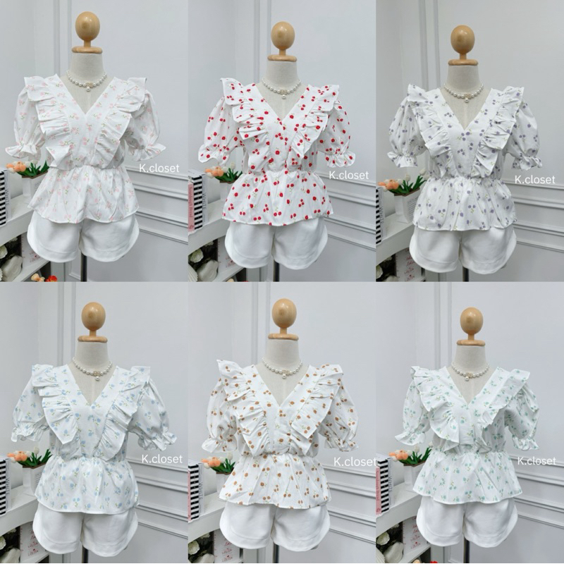 เสื้อคอแต่งระบาย ผ้าพิมพ์ลาย