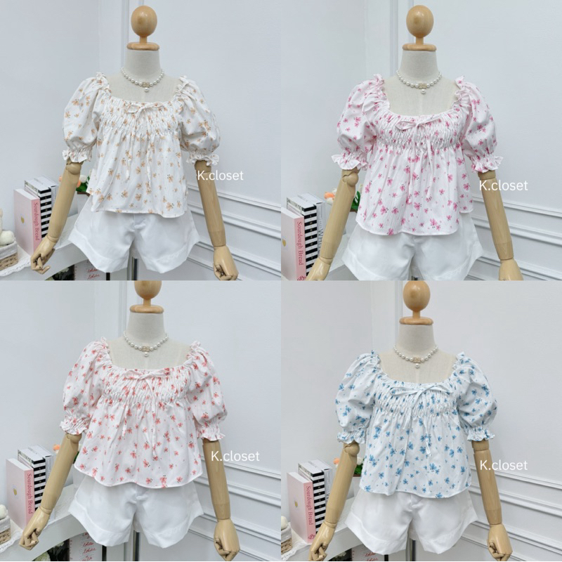 เสื้อคอเหลี่ยม แขนยาวลายดอก/ มีผ้าชีฟอง
