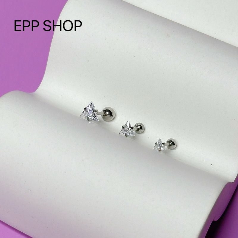 จิวหูเพชรสามเหลี่ยม ต่างหูเพชรczสามเหลี่ยม ก้านสแตนเลส หนา 0.8 mm