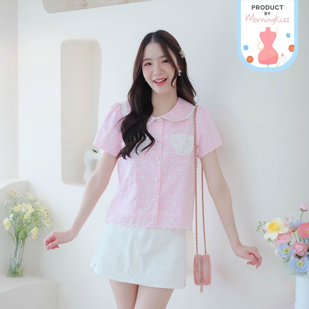 03-325 เสื้อแขนสั้นลาตารางเล็ก Ribbon Baby Pink Blouse - 5 ไซส์
