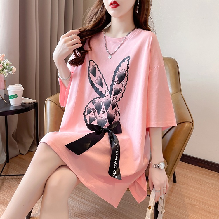 เสื้อแขนสั้นคอกลมสาวอวบ Oversize (อก 48 นิ้ว) สกีลกระต่ายแถมฟรีเข็มกลัดโบว์ดำ ผ้าคอตตอล A48