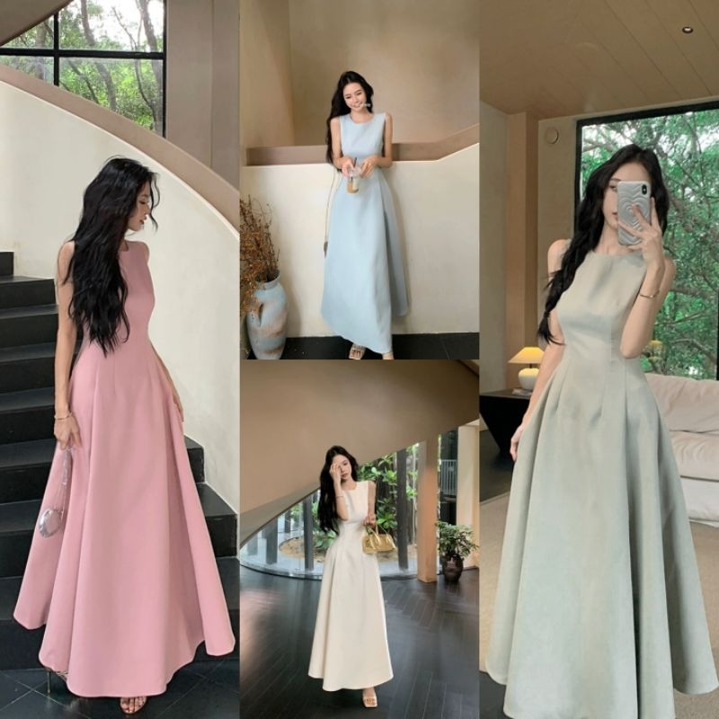 พร้อมส่ง4สี เดรสกระโปรงยาวระบายแขนกุด 👗 เดรสออกงานแต่ง (D249)