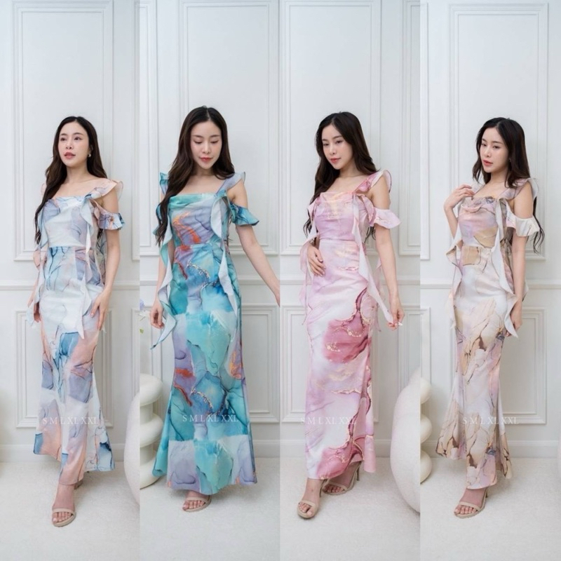 ชุดเดรส ชุดออกงาน ชุดราตรี F288 สายเกลียว4เส้น ผ้าพิมพ์ลาย ไม่มีฟองน้ำ