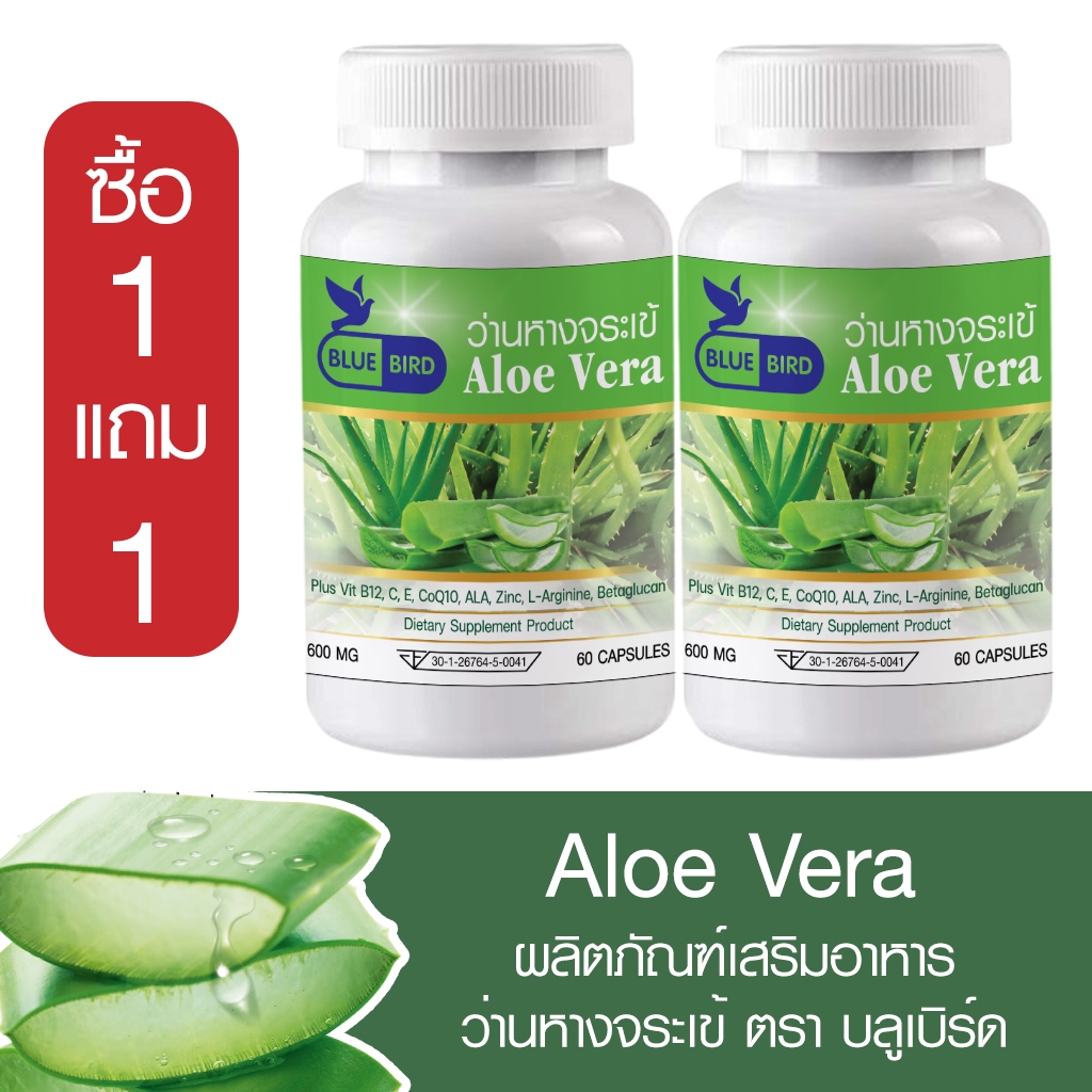 [1แถม1] ว่านหางจระเข้ Aloe Vera ตรา บลูเบิร์ด ขนาด 600 มิลลิกรัม 60 แคปซูล