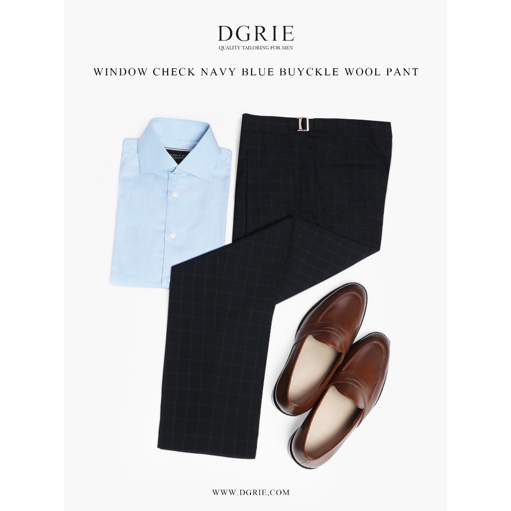 Window Check Navy Blue B/G Buckel Belt Ear Wool Pant - กางเกงกรมลายตาราง