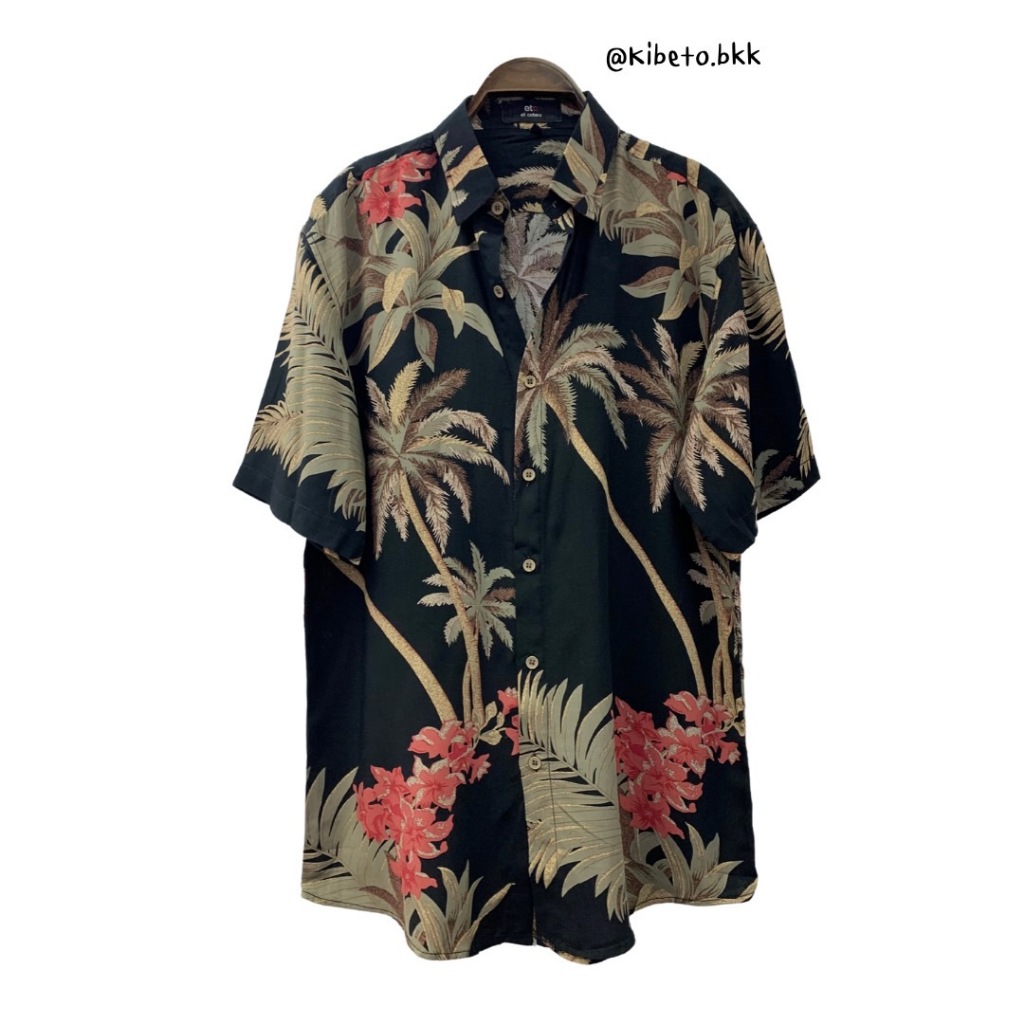 kibeto เสื้อฮาวาย ลายต้นมะพร้าวใหญ่ สีดำ ผ้าสปันเรยอน เนื้อนิ่ม ใส่สบาย