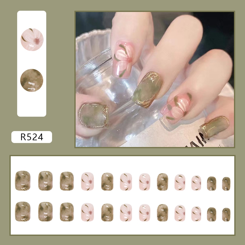CICI ร้านไทย 【R524】พร้อมส่ง เล็บปลอมสีเจล24ชิ้น เล็บปลอมสำเร็จรูป ใหม่เล็บปลอมกันน้ำ