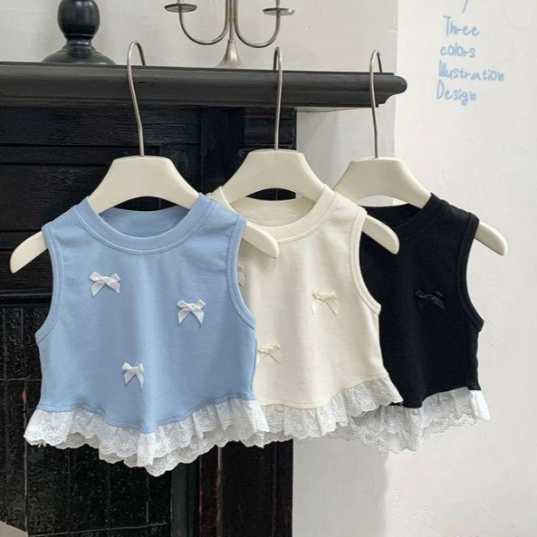 Babyonline(Y536)F4-5 เสื้อแขนกุดสไตล์คุณหนูสำหรับเด็กผู้หญิงปักโบว์แต่งลายลูกไม้ ผ้านิ่ม ใส่สบาย