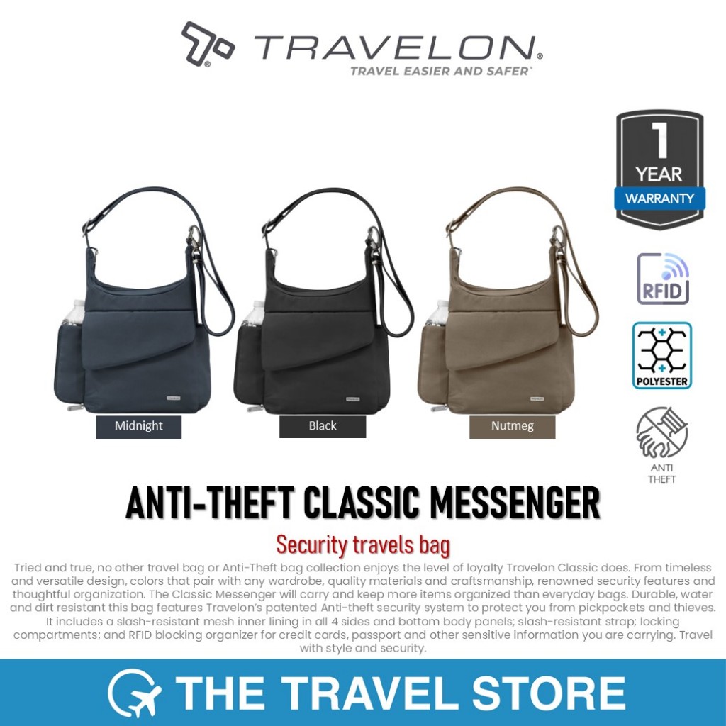 Travelon ANTI-THEFT CLASSIC MESSENGER (42242-XXX) กระเป๋าสะพายข้าง พาดหัวไหล่ ผู้หญิง สุภาพสตรี