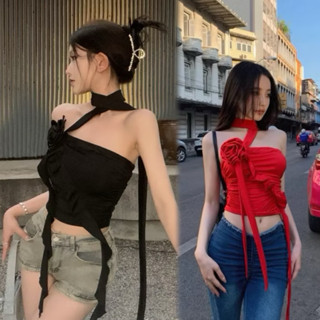 Cherry✨พร้อมส่ง✨เสื้อเกาะอกเซ็กซี่ผู้หญิง🌺คล้องคอ ลายดอกกุหล…