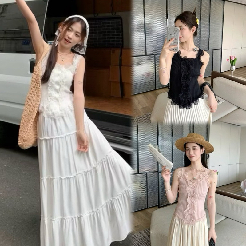 Cherry พร้อมส่ง เสื้อลูกไม้แฟชั่นผู้หญิง crop topเสื้อครอปแขนกุด ผ้าไหมพรหมแต่งระบาย ทรงเข้ารูป เสื้อกั๊กสาวหวาน สาวแซ่