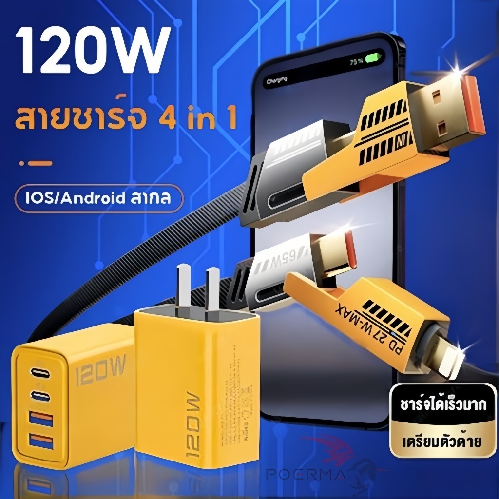 Poerma 120W สายชาร์จ สายชาร์จเร็ว สายชาร์จ type-c สายชาร์จ สายชาร์จแอนดรอย สายชาร์จ หัวชาร์จเร็ว （COD）