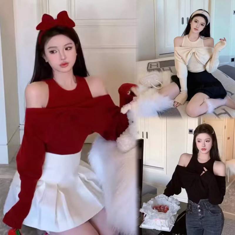 Cherry✨พร้อมส่ง✨เสื้อไหมหรม คอกลม แขนยาว เสื้อ2ชิ้น คริสต์มาส สีแดง มี3สี สำหรับผู้หญิง