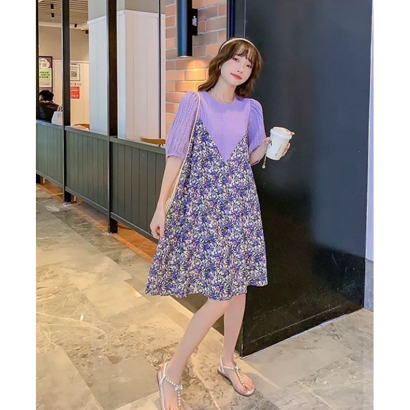 sirin studioเดรสน้องมันม่วงดีเทลผ้ายืดสีม่วงพื้นคอกลมอัดยับตัดต่อผ้าลายดอกสีม่วงB194