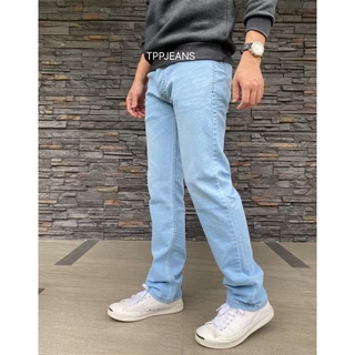 JEANSEXPRESS Stretch Denim กางเกงยีนส์ชายทรงกระบอก ผ้ายืด สีบลูฟอกซีด เป้ากระดุม ผ้านิ่มใส่สบาย Size 28-36