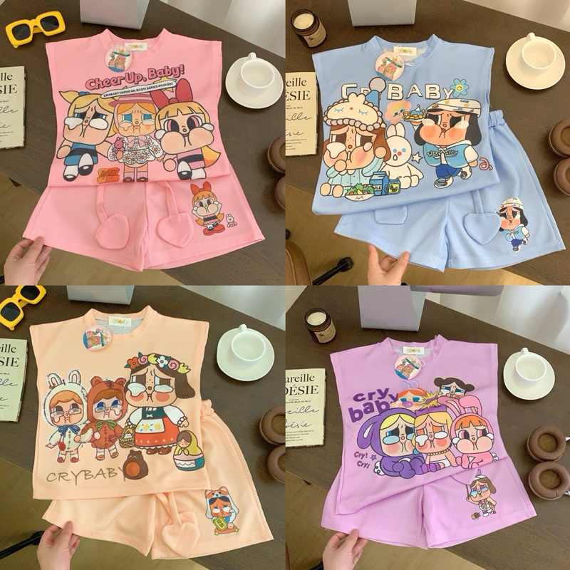 พร้อมส่ง ชุดเซ็ตแขนกุดผ้าวาฟเฟิลกางเกงเชือกหัวใจลาย Cry baby สำหรับลูกสาวตะมุตะมิหัวใจสุดๆ