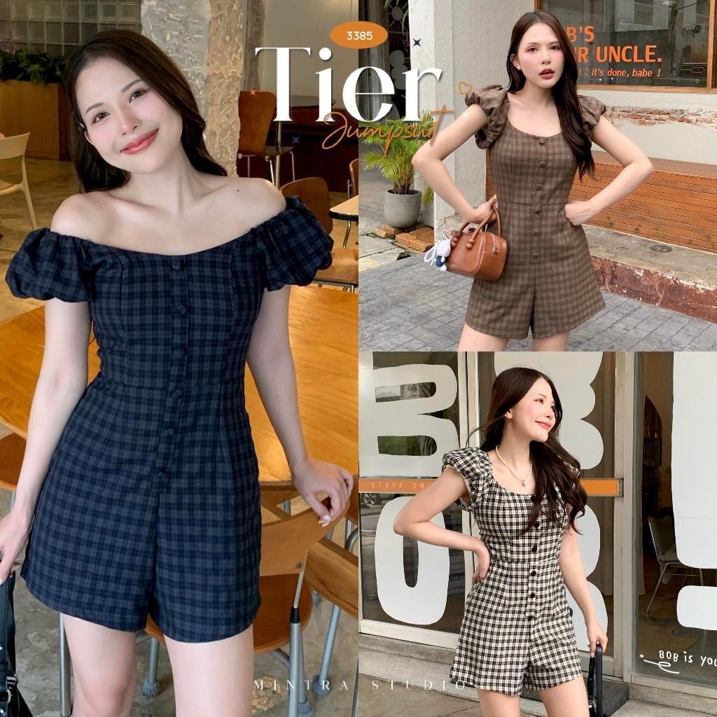 Tier Jumpsuit - จั๊มสูทลายสก็อต แขนสั้น ปาดไหล่ได้ มีกระเป๋าและซิปหลัง MT.STDO