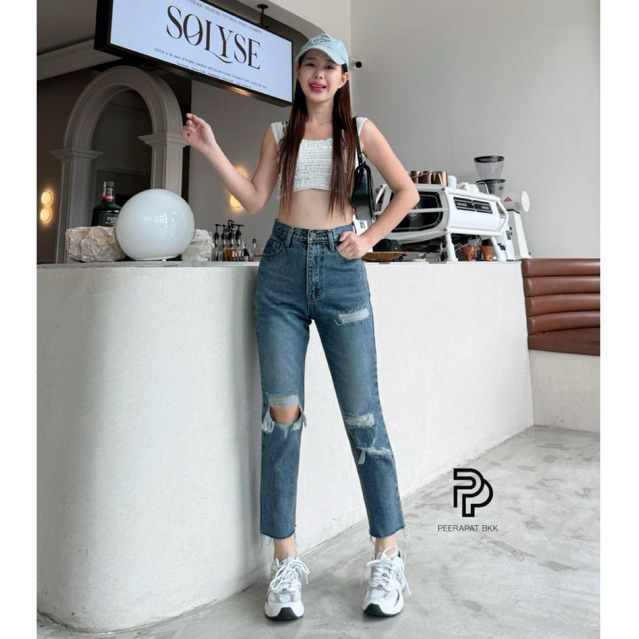 Punny Jeans (P154) กางเกงยีนส์ผู้หญิง ทรงบอย ผ้าไม่ยืด เอวสูง เก็บสะโพก แต่งขาดเข่าโบ๋ 1ข้าง ขาดขูด1ข้าง ปลายขาแต่งขาด