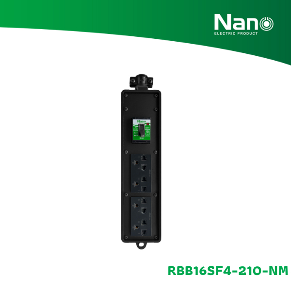 NANO บล็อคยาง 2x10" เต้ารับ 4 ช่อง + เซฟตี้เบรกเกอร์ 15A (ไม่มีสายไฟ) (1 ชิ้น/กล่อง) รุ่น RBB16SF4-210-NM