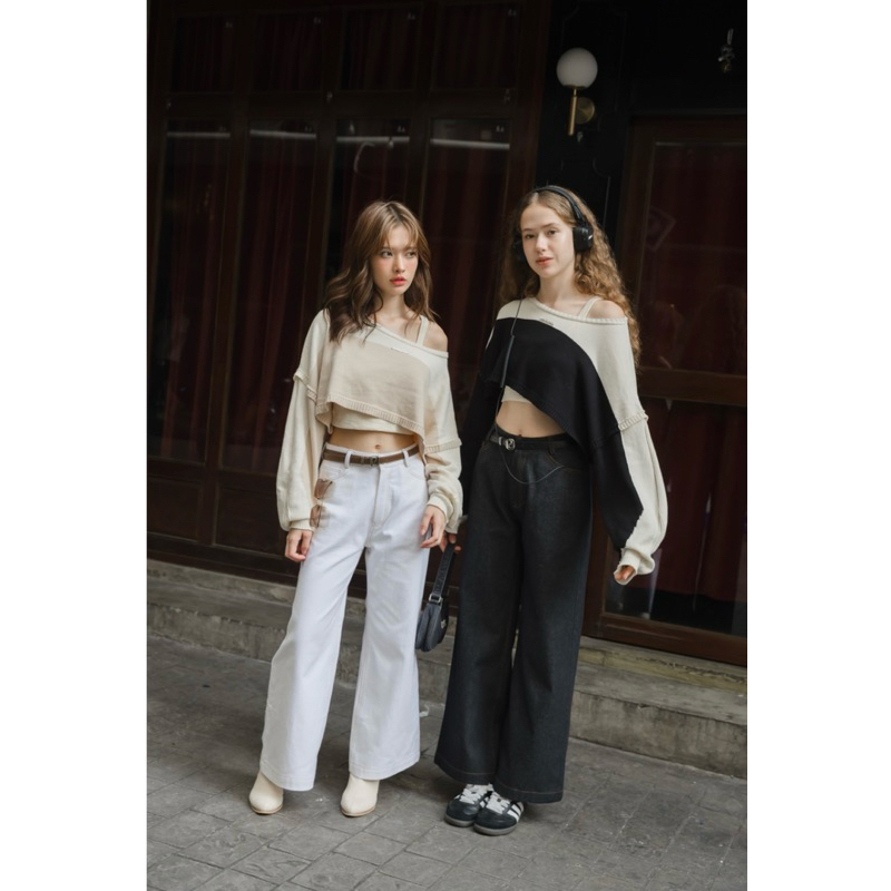 PEKKY KNIT (BEIGE/BLACK) CROP TOP