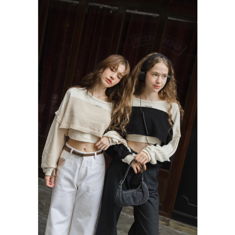 PEKKY KNIT (BEIGE/BLACK) CROP TOP