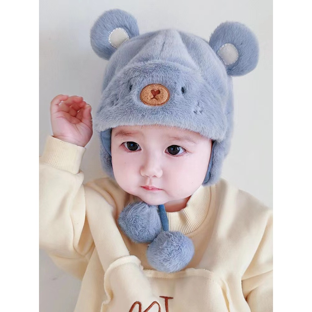 หมวกน้องหมี หมวกไหมพรมของเด็ก ร้อนขายสไตล์หมีน้อยหมวกสามมิติหูผมผูกสาย