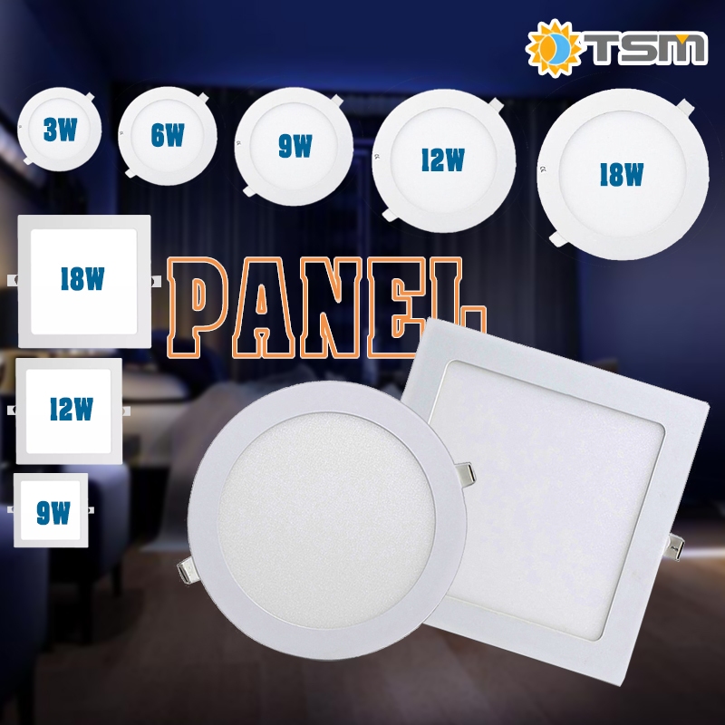โคมไฟดาวไลท์ แบบบาง ทรงสี่เหลี่ยม และทรงกลม โคมไฟฝังฝ้า PANEL LED 3W 6W 9W 12W 18W TSM