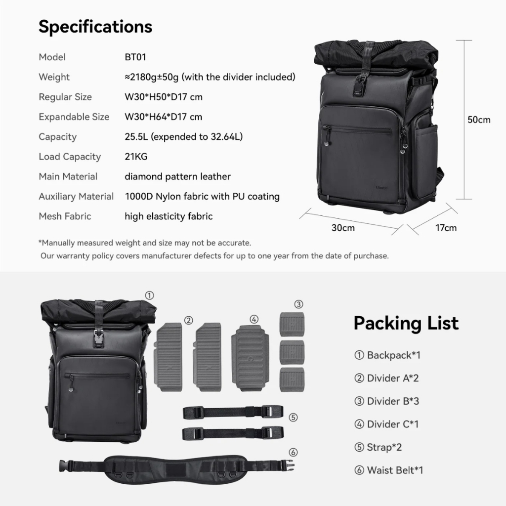 Ulanzi BT01 Camera Backpack กระเป๋ากล้องสะพายหลัง 32L สำหรับ DSLR Mirrorless เลนส์กล้อง อุปกรณ์เสริม