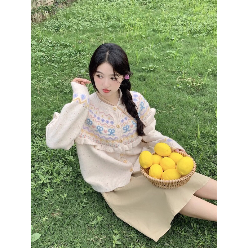 เสื้อไหมพรหมคาร์ดิแกน (Size S-2XL) ทอลายโบว์ เสื้อสเวตเตอร์ สีพลาสเทล น่ารัก งานกระดุมหน้า