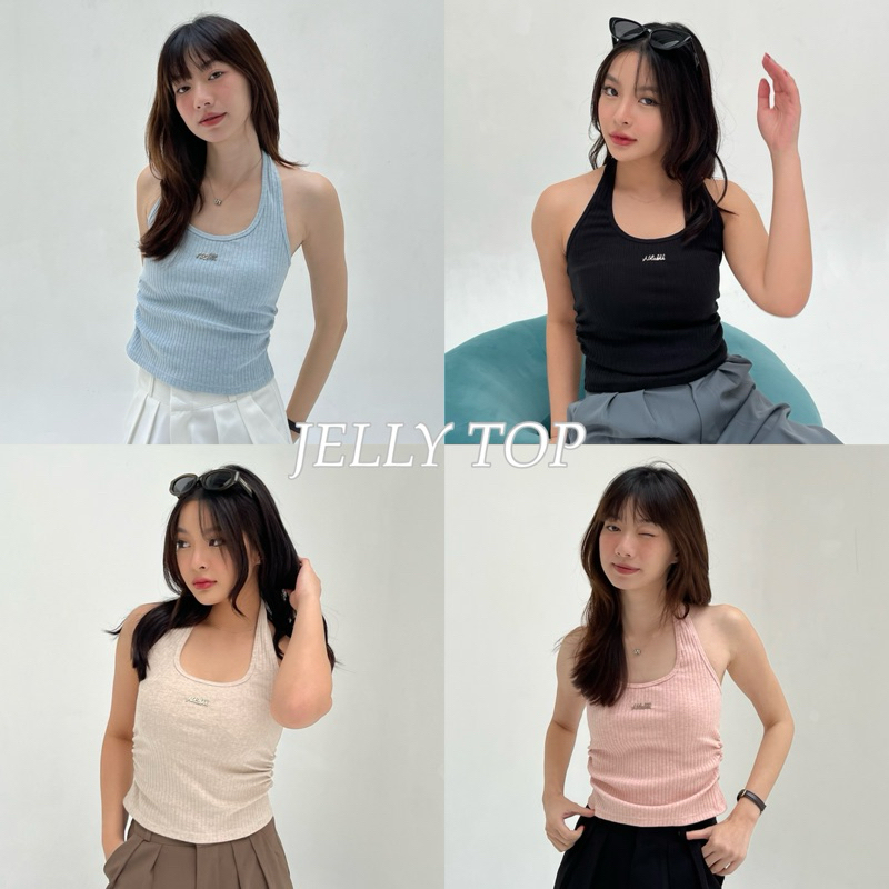 JELLY TOP เสื้อคล้องคอ ดีเทลจับจีบข้าง ติดป้ายเหล็กกลางเสื้อ เนื้อผ้าร่องใหญ่ (nita.bkk)