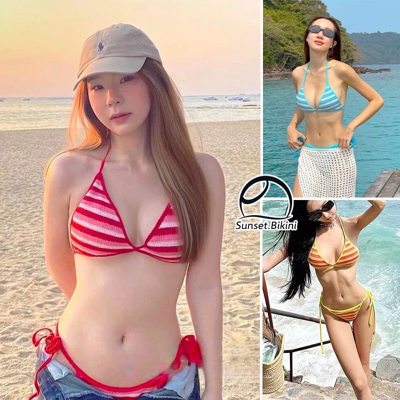 Sunset.Bikini🌊🌊swim bikini twopiece ชุดว่ายน้ํา บิกินี่ ลายทาง ผูกคอ ผูก รุ่นใหม่ โชว์หลัง ชุดไปทะเล