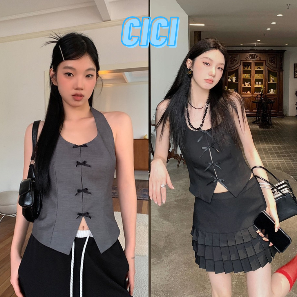 ส่งทันที Cici(NO. 3333)เสื้อคล้องคอแขนกุดแต่ง detail โบว์ด้านหน้า ผ้าสูท สวยหรูดูแพง