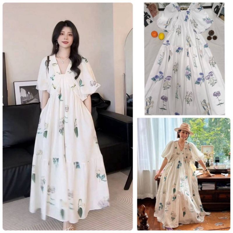 เดรสยาวลายแสนสวยโทนสีขาวละมุน ทรงสวย ดูหรูหรา สดใส น่ารักสุดๆ แขนทรงบอลลูนตามแบบ ชุดนี้สวมใส่สบาย