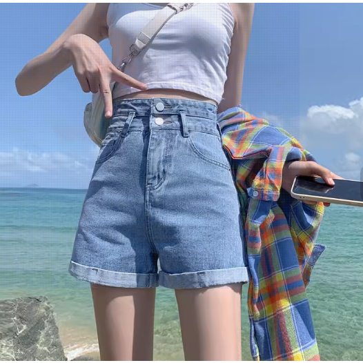 COCOA-Jeans พร้อมส่ง กางเกงยีนส์ขาสั้นเอวสูงทรงเอ สไตล์เกาหลี ผ้ายีนส์แท้