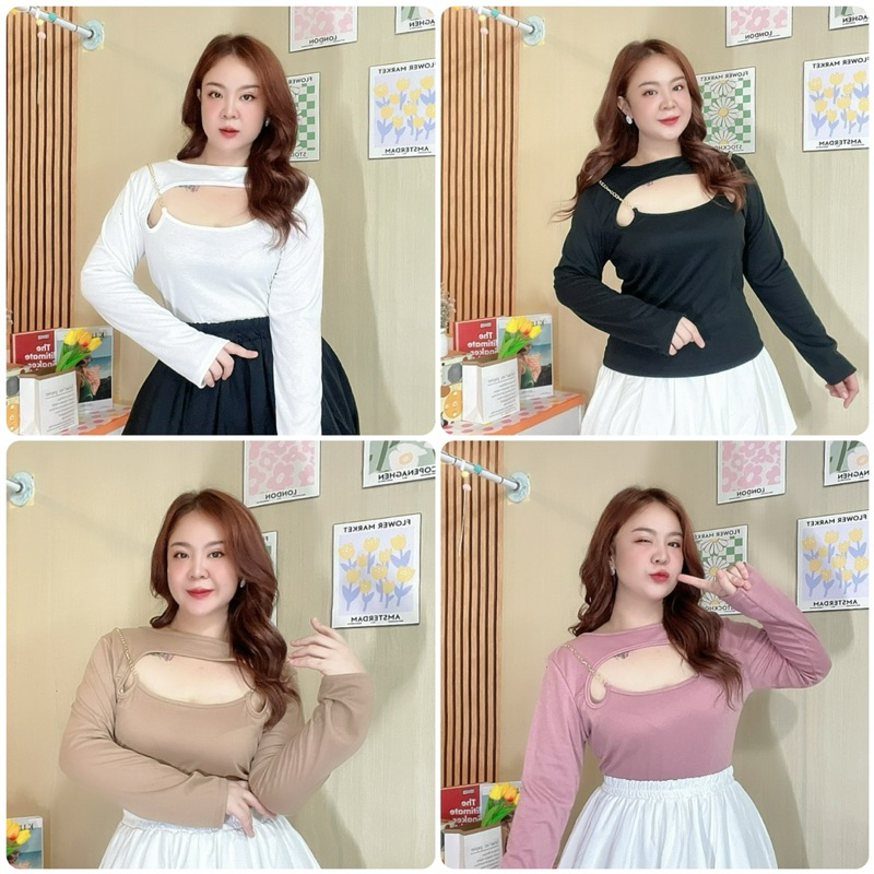 เสื้อผ้ายืด(เเขนยาว)เว้าอก แต่งสายโซ่ อกหน้าผ้าก่อนยืด 40“ยืดตึงสุด 46”ความยาว 24“ วงแขน 20”