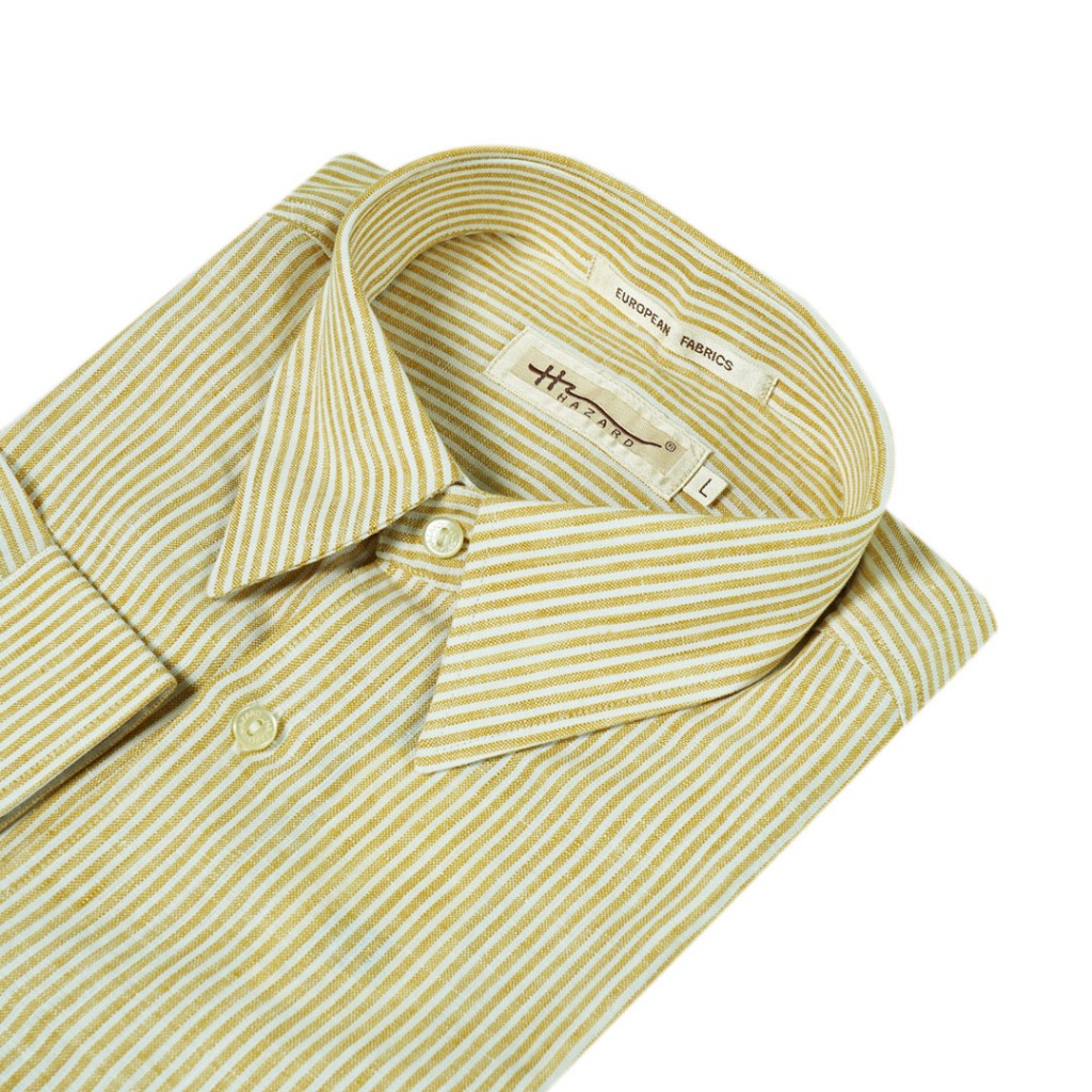 Hazard เสื้อเชิ้ตทำงานแขนยาวลายทาง ผ้า Linen(ลินิน) สีเหลืองอ่อน