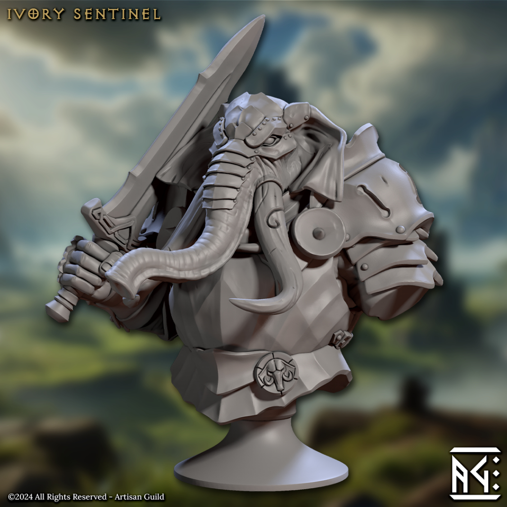 Ivory Sentinel A (Bust) - Elephorim Ivory Sentinels - Humanoid Loxodon / 3D printed mini bust ATG