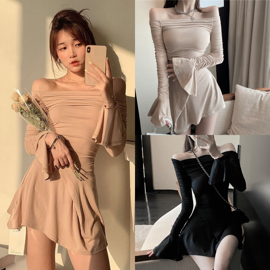 Beryl 2024 แบบใหม่ เซ็กซี่ เปิดไหล่ เดรส จีบระบาย แขนยาว กระโปรงทรงเอ