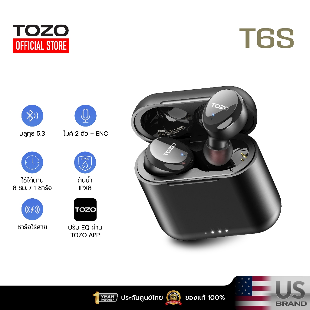 [ประกันศูนย์ไทย] TOZO T6S หูฟังบลูทูธ หูฟังบรูทูธ In-Ear IPX8  Bluetooth 5.3