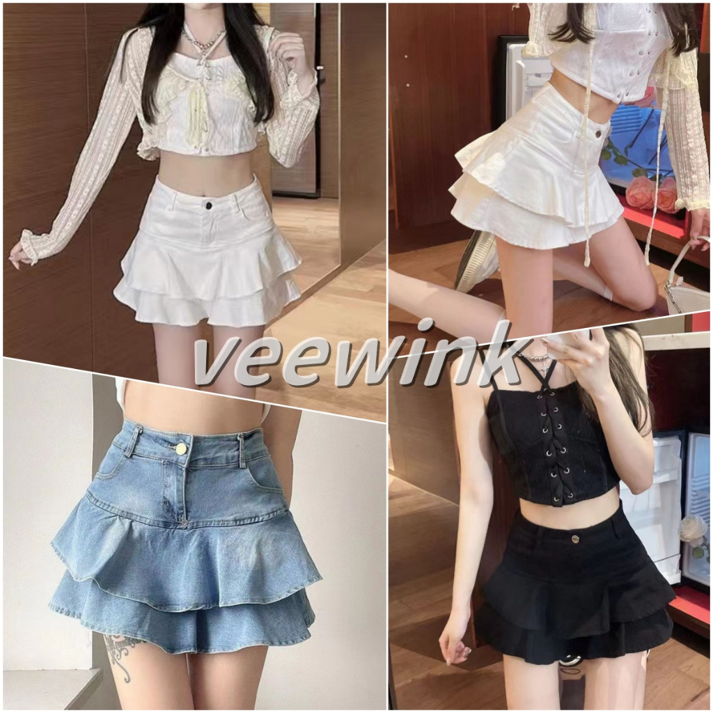 Veewink พร้อมส่งจากกทม กระโปรงยีนส์อัดพลีท ทรงเอสั้น กระโปรงสไตล์เกาหลี กระโปรงยีนส์สั้น