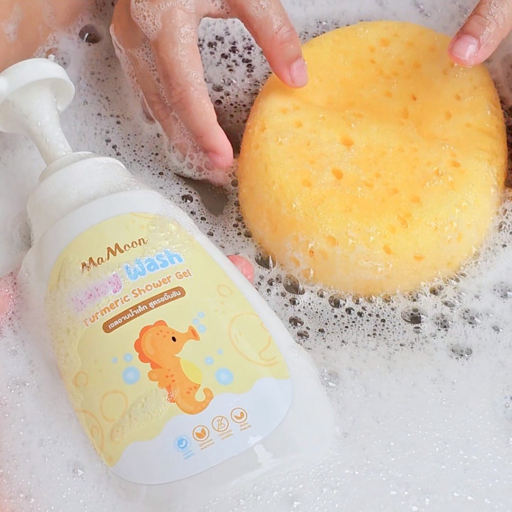 ส่งฟรี + แถมฟรีฟองน้ำมามูน มามูน เจลอาบน้ำ สูตรขมิ้นชัน Mamoon Baby Wash Turmeric Shower Gel [250 ml.]