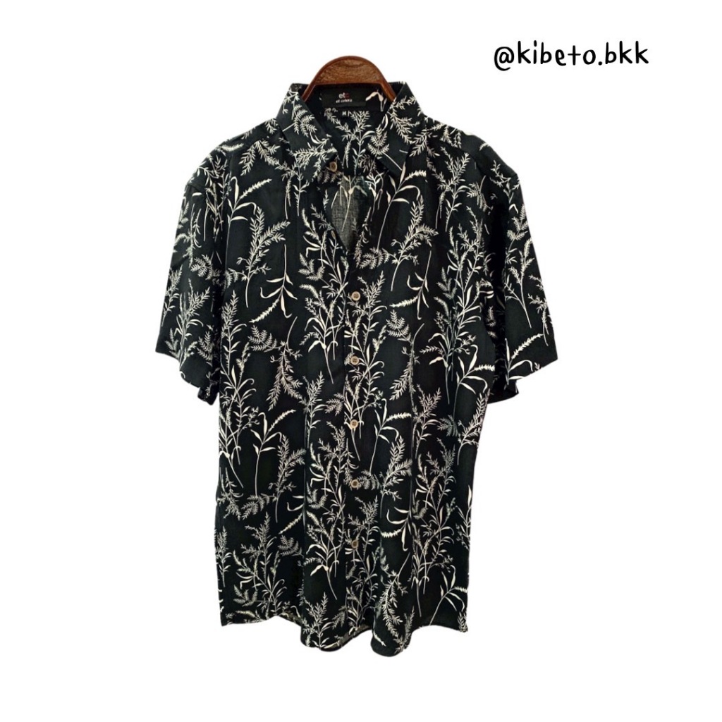 kibeto เสื้อฮาวาย ลายดอกหญ้าสีดำ ผ้าสปันเรยอน เนื้อนิ่ม ใส่สบาย