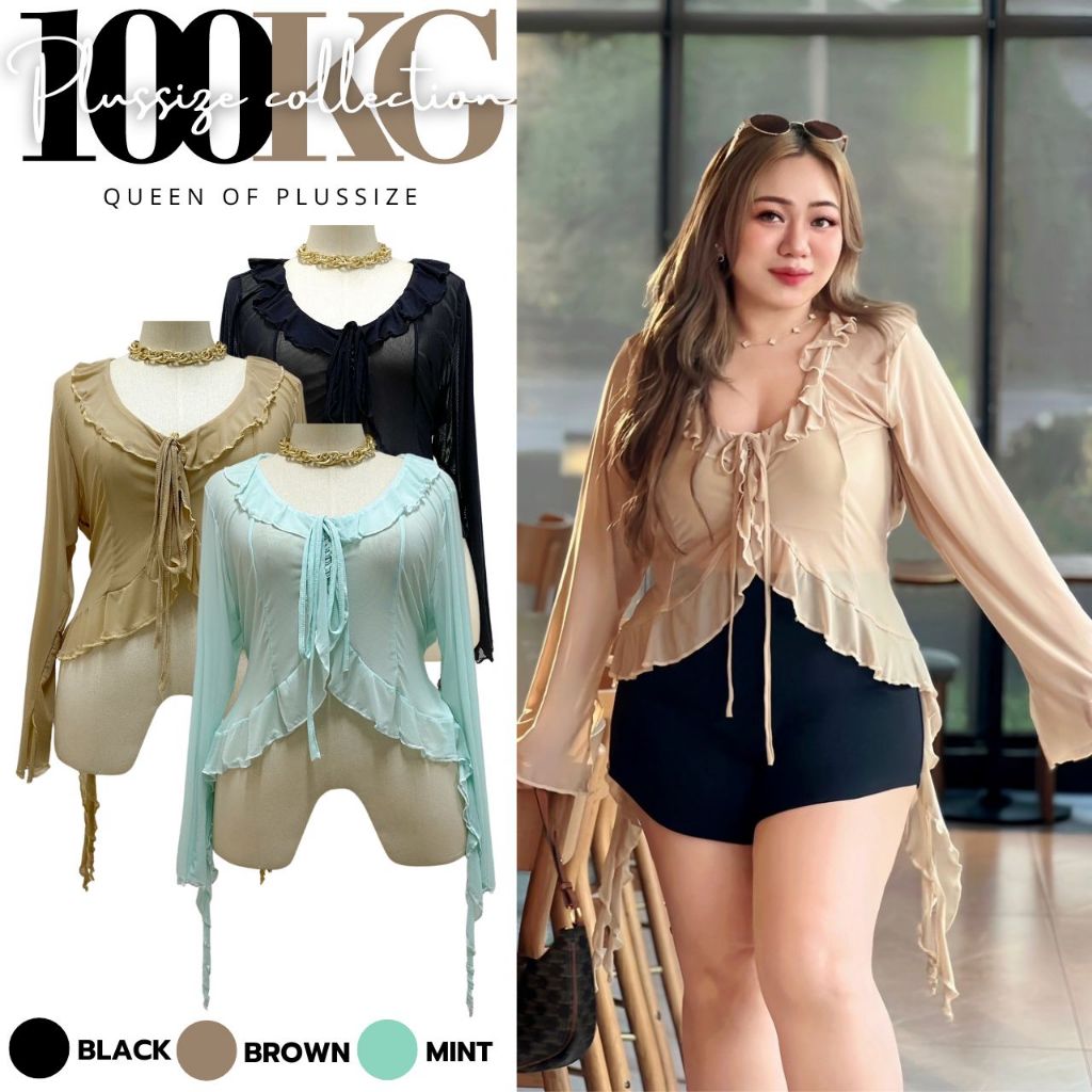 Plus size เสื้อระบายกรุยกรายร้อยเชือกหน้าผ้าตาข่ายนิ่มกรุยกรายของสาวอวบ  ผู้ดี รุ่น เจลลี่ฟีช(F69)