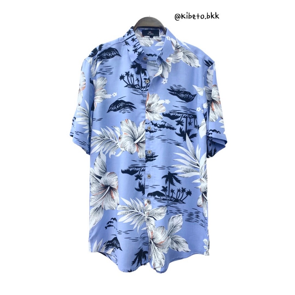kibeto เสื้อฮาวาย ลายดอกชบาทะเลพื้นสีฟ้า ผ้าสปันเรยอน เนื้อนิ่ม ใส่สบาย