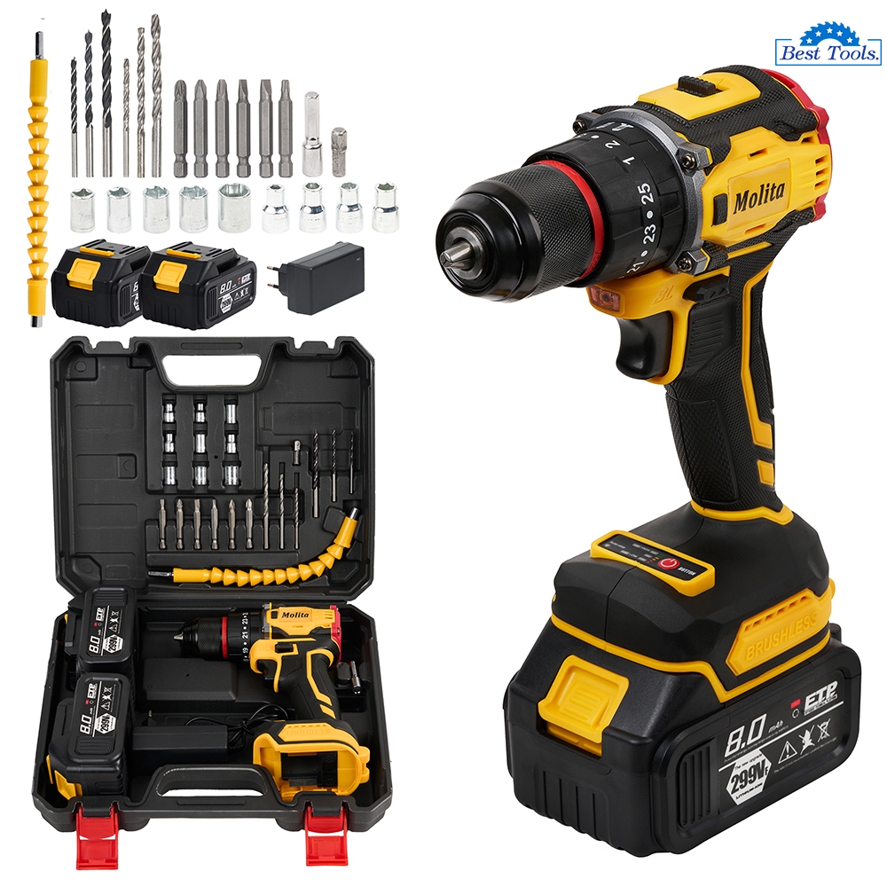MOLITA สว่านไร้สาย 299V 3ระบบ มอเตอร์บัสเลส แบตเตอรี่ใหญ่ 2 ก้อน เครื่องมือช่าง รวม 32ชิ้น รุ่น M3-มอเตอร์บัสเลส สีเหลือ สินค้า