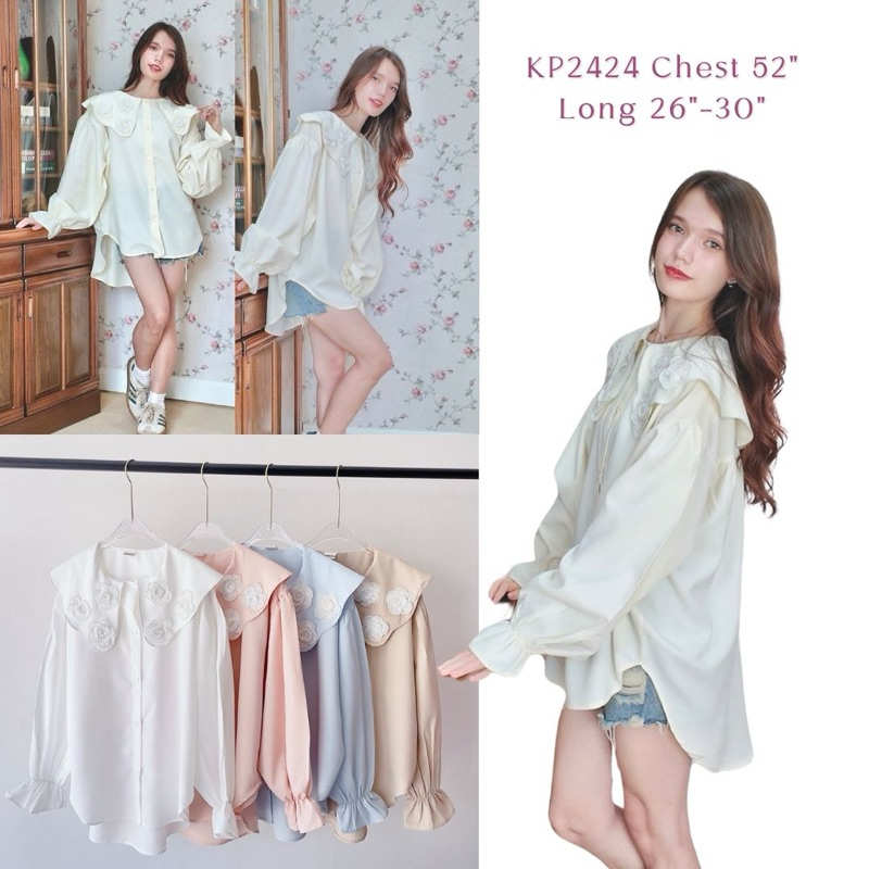 พร้อมส่ง🛒💗Oversized 52”เสื้อแขนยาวจั้มแขนดีเทลแต่งดอกไม้อะไหล่ที่ปกเสื้อตัวนี้มีแต่งกุ้นรอบปกด้วย